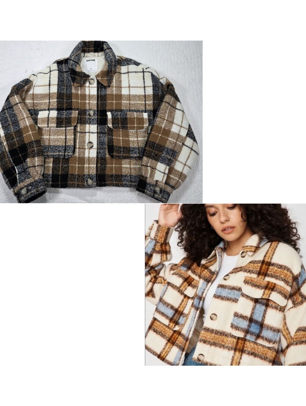 Garage Jasper Cropped Jacket in Cream Brown & Black Plaid